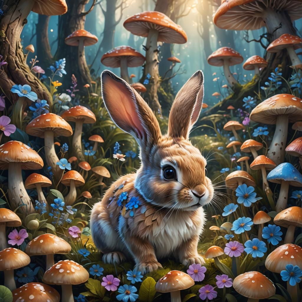 Cute Baby Rabbit in Enchanted Forest, Digital Oil Painting