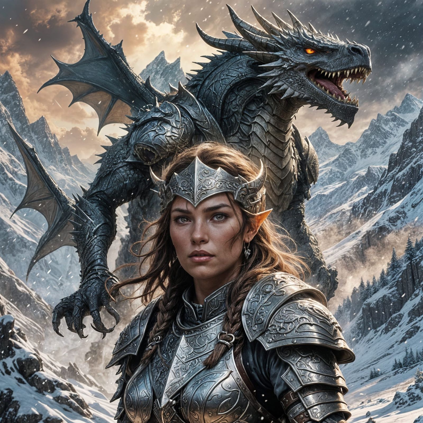 Female Dragonborn Shouting in Skyrim's Mountains