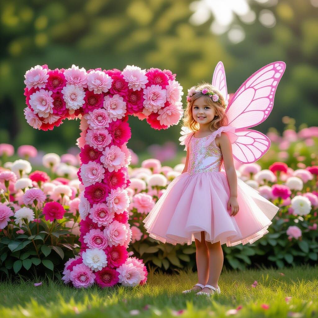 Pink Fairy Beside Carnation Letter T