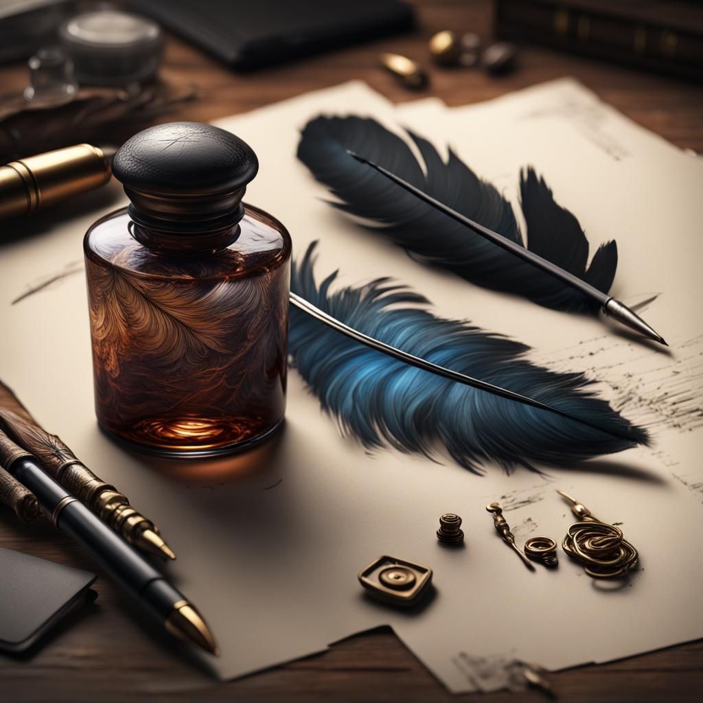 Hyper Realistic Vintage Feather Pen With Ink Pot