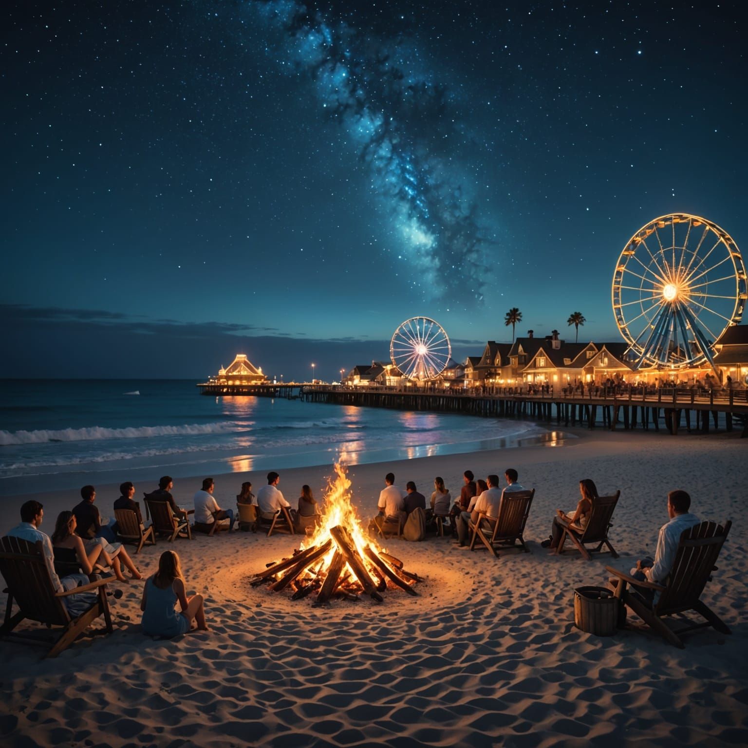 Bonfire on Beach with Bioluminescent Waves