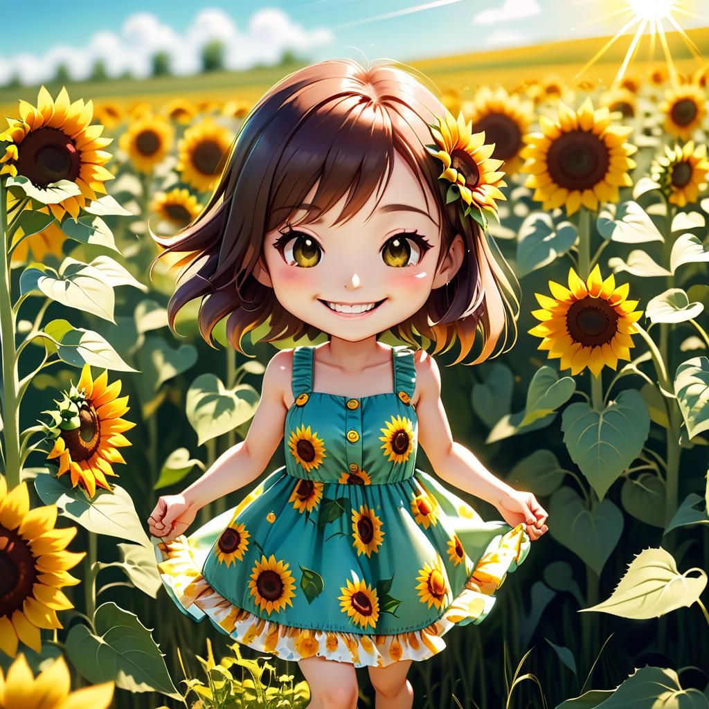 Smiling Chibi Girl with Sunflowers in Summer Field