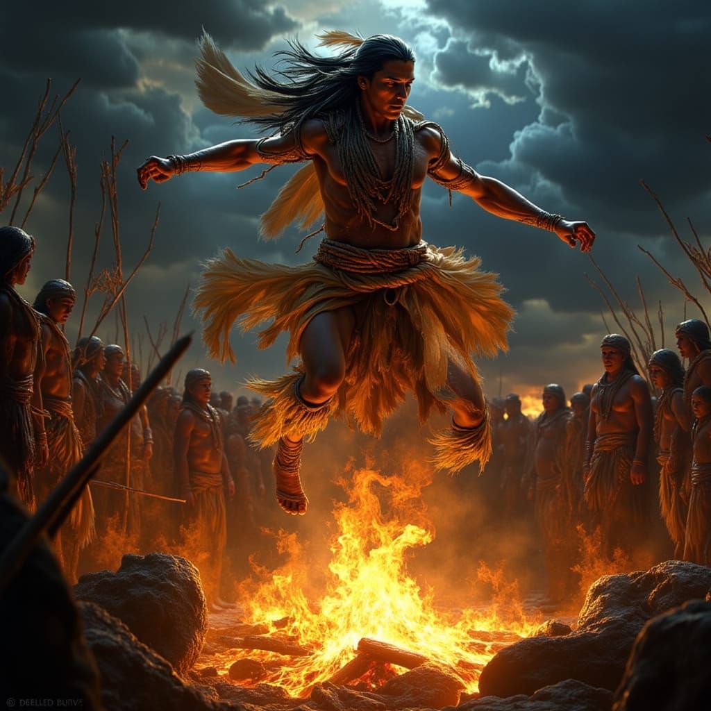 Apache Warrior Leaping Over Campfire