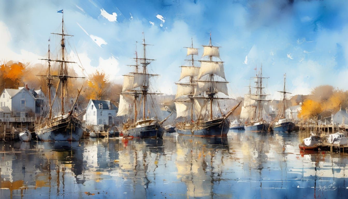 New England Harbor Sailing Ships in Watercolor Style