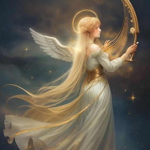 Angel Playing Harp in Starry Sky