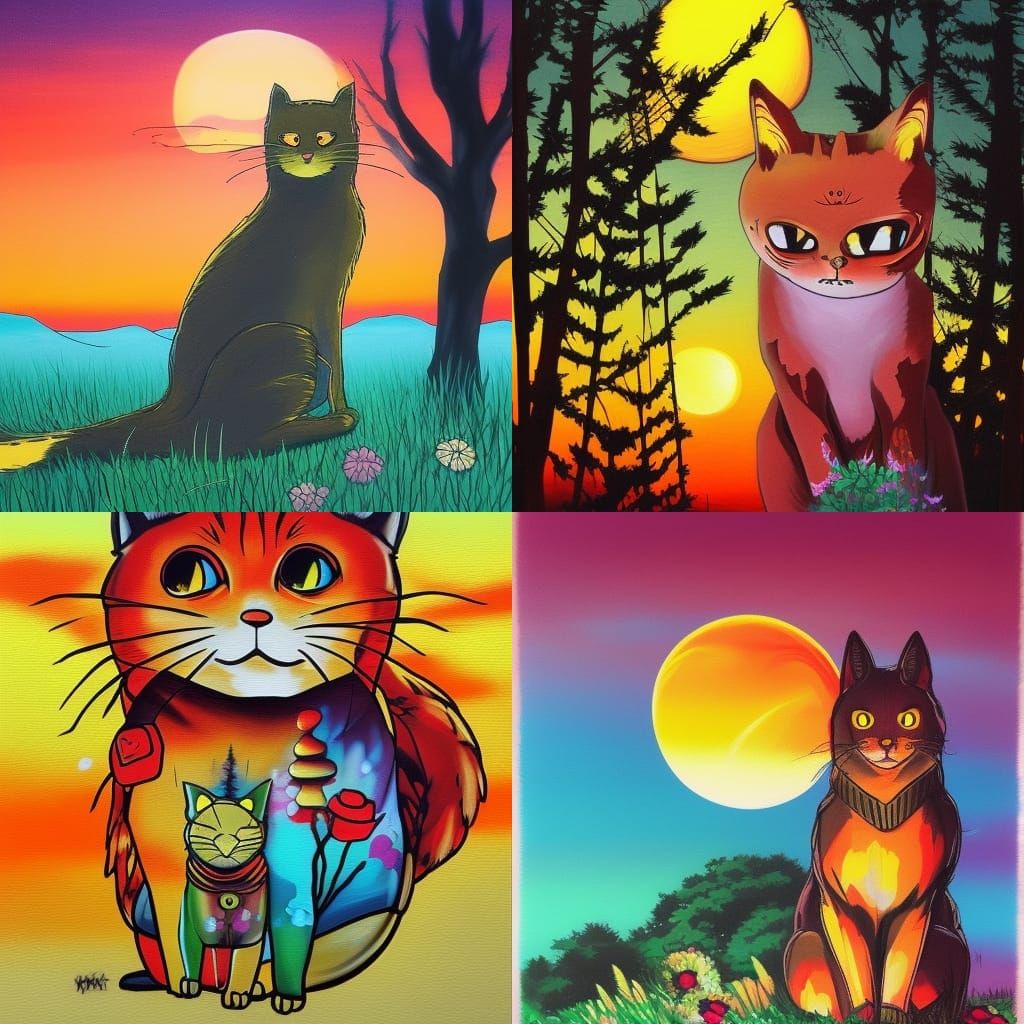 Anime golden cat, behind the sunset, open forest, flowerpunk, by studio ghibli painting, superior quality, masterpiece, ...