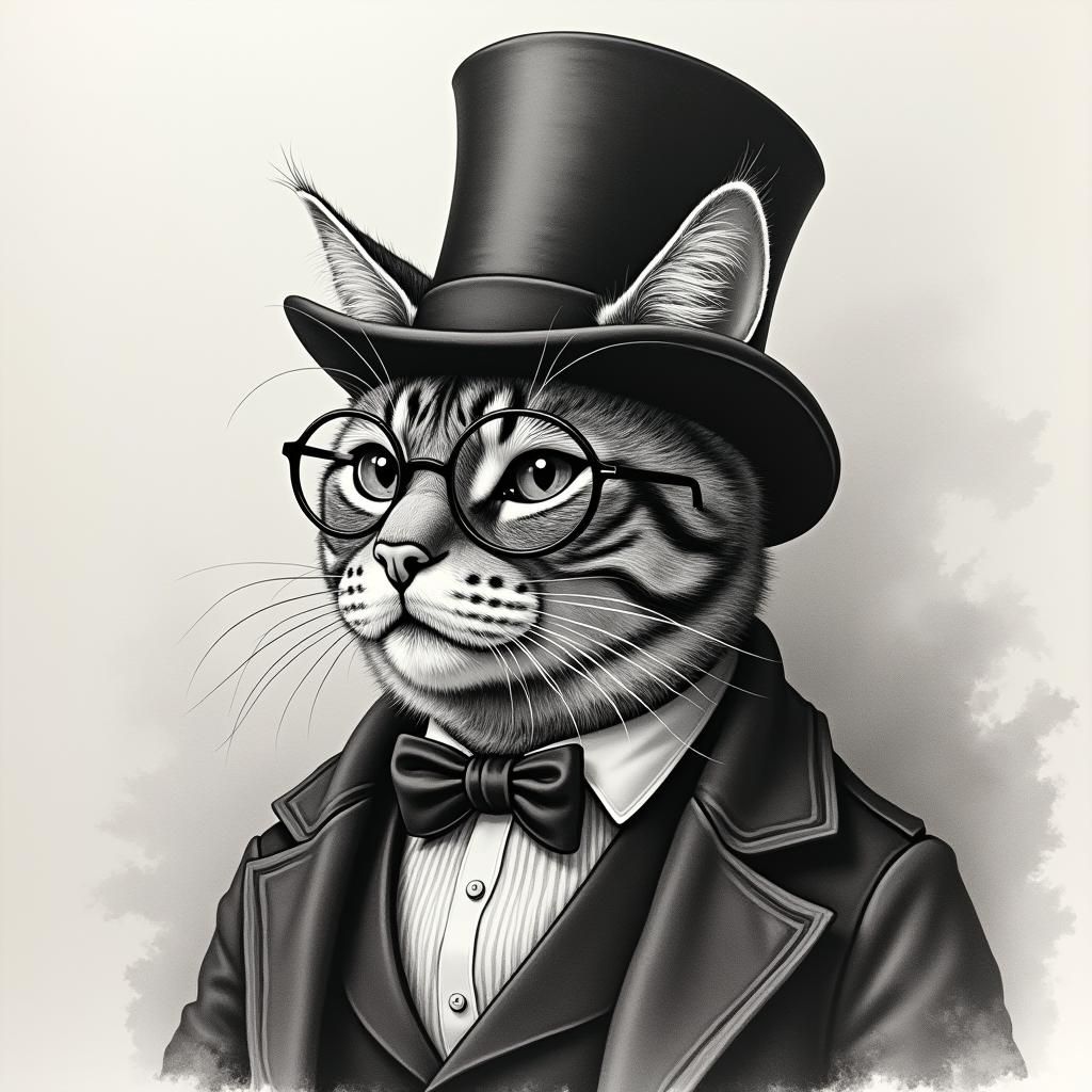 Refined Cat in Top Hat: A Charcoal Drawing