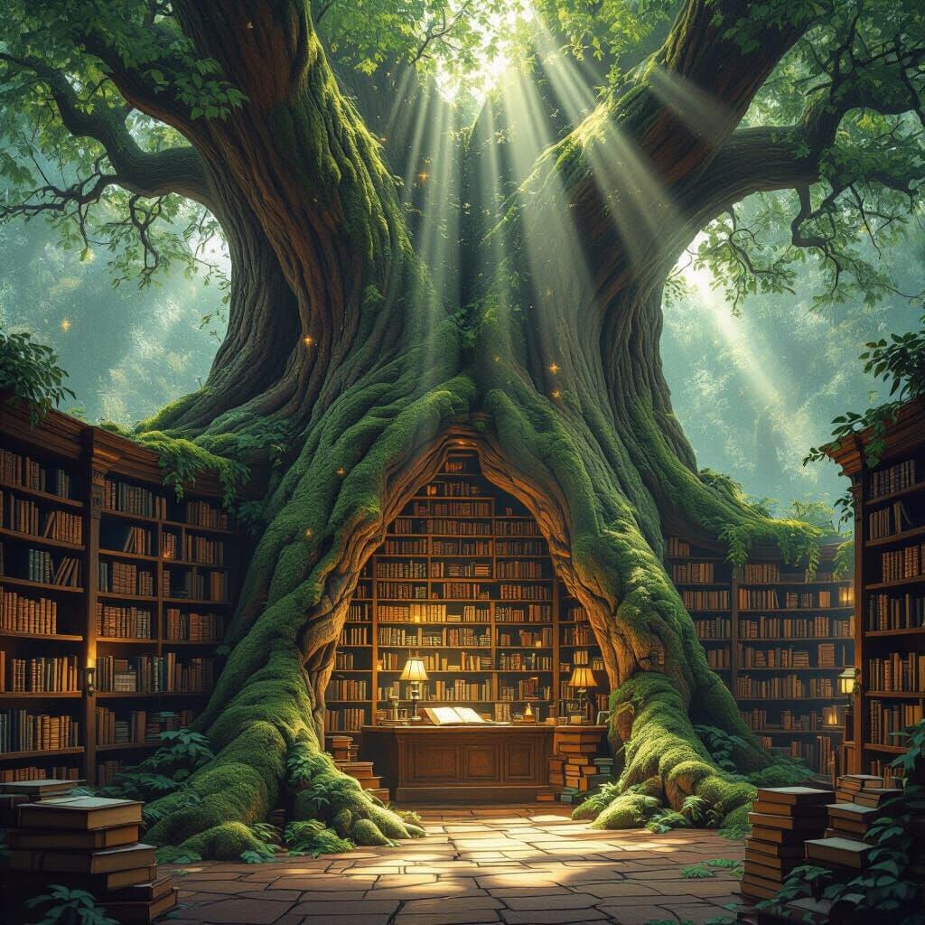 Enchanted Redwood Library with Celestial Light