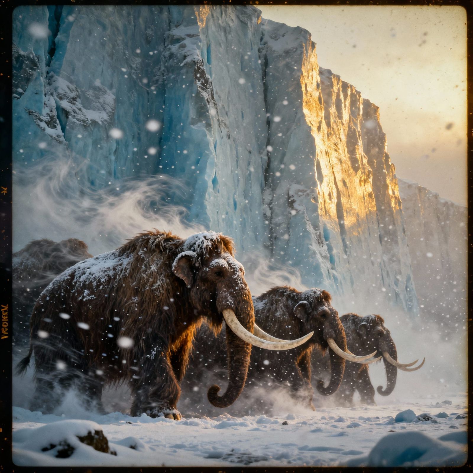 Woolly Mammoths Under Glacial Wall in Blizzard