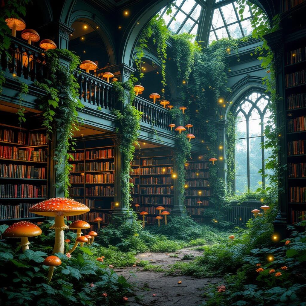 Realistic Abandoned Library Overgrown with Nature