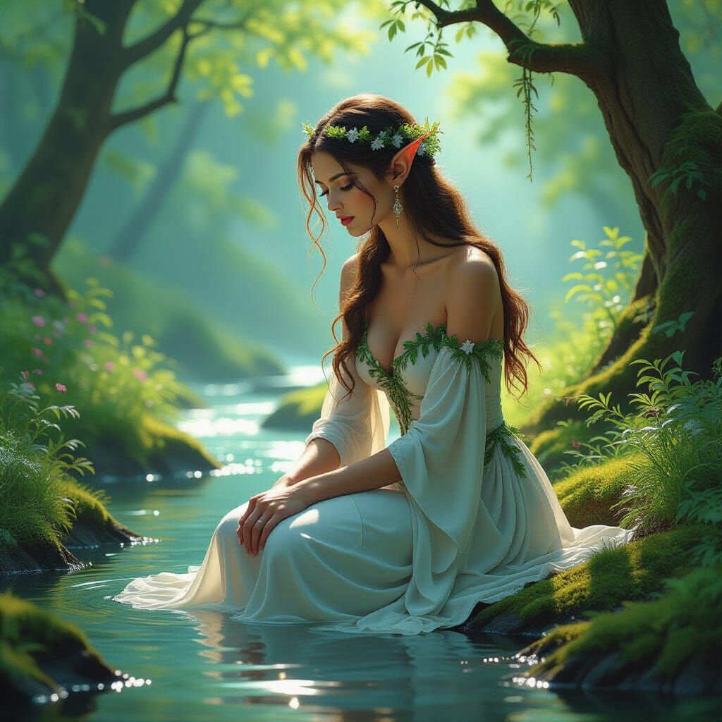 Elven Woman in Forest Stream: Dreamlike Fantasy Art