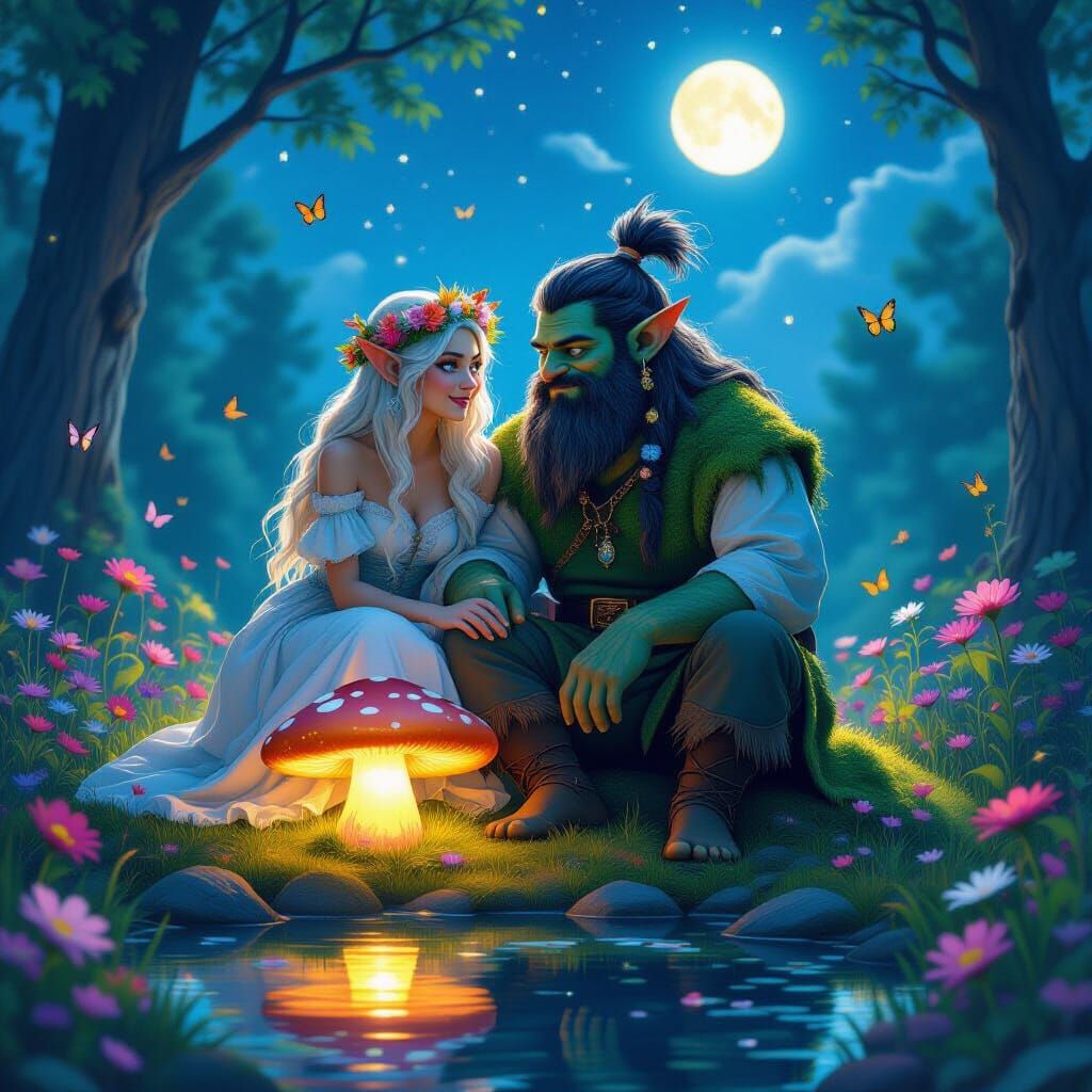 Trolls in Cottage Core Scene Under Starry Sky