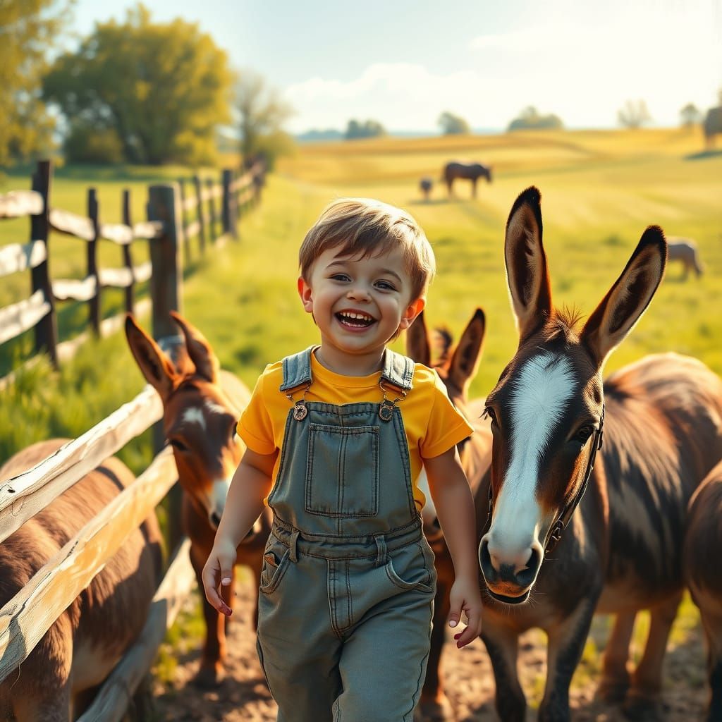 Child and Donkeys Play in Idyllic Farm Landscape
