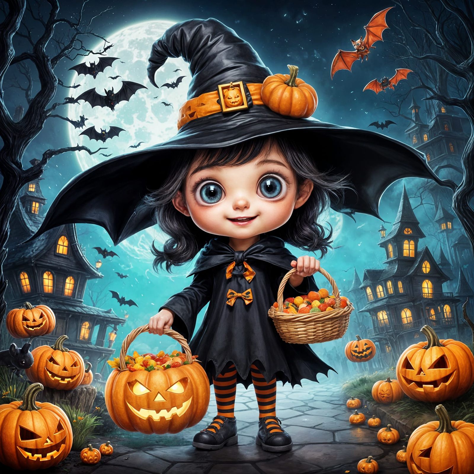 Cute Halloween Creature with Witch Hat and Candy