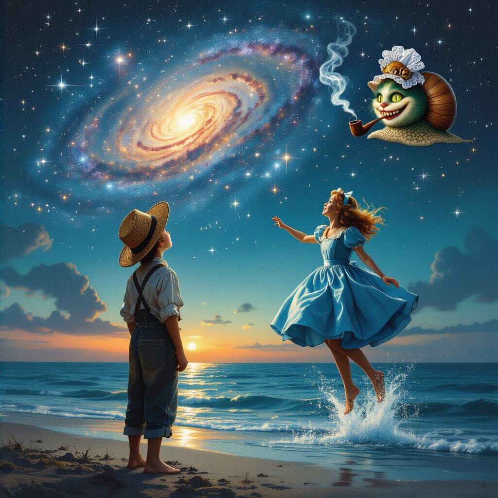 Surreal Beach Scene with Galaxy and Cheshire Cat
