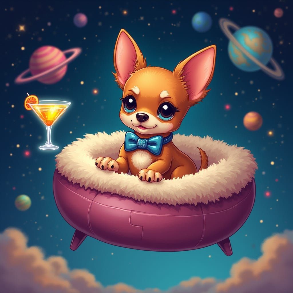 Whimsical Chihuahua in Zero Gravity Oasis