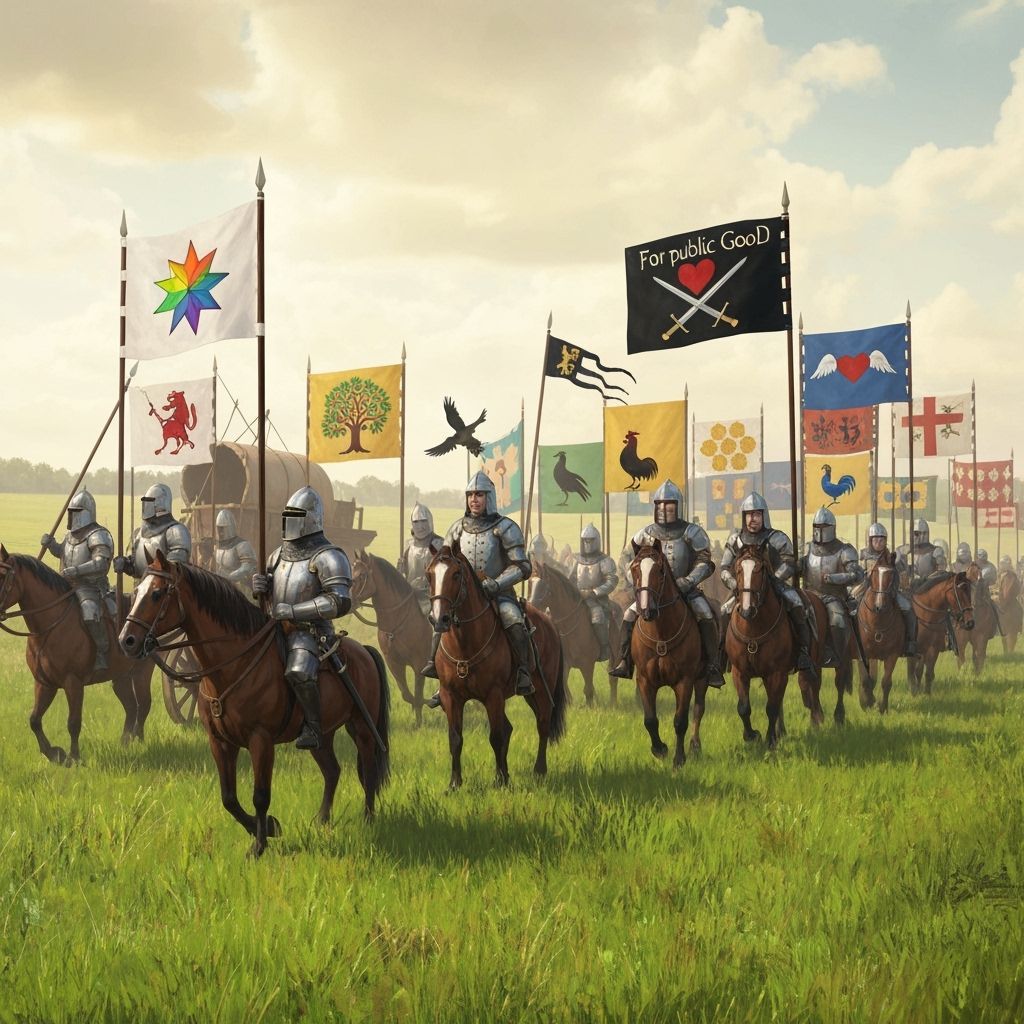 Medieval Army Marches with Banners and Siege Weapons