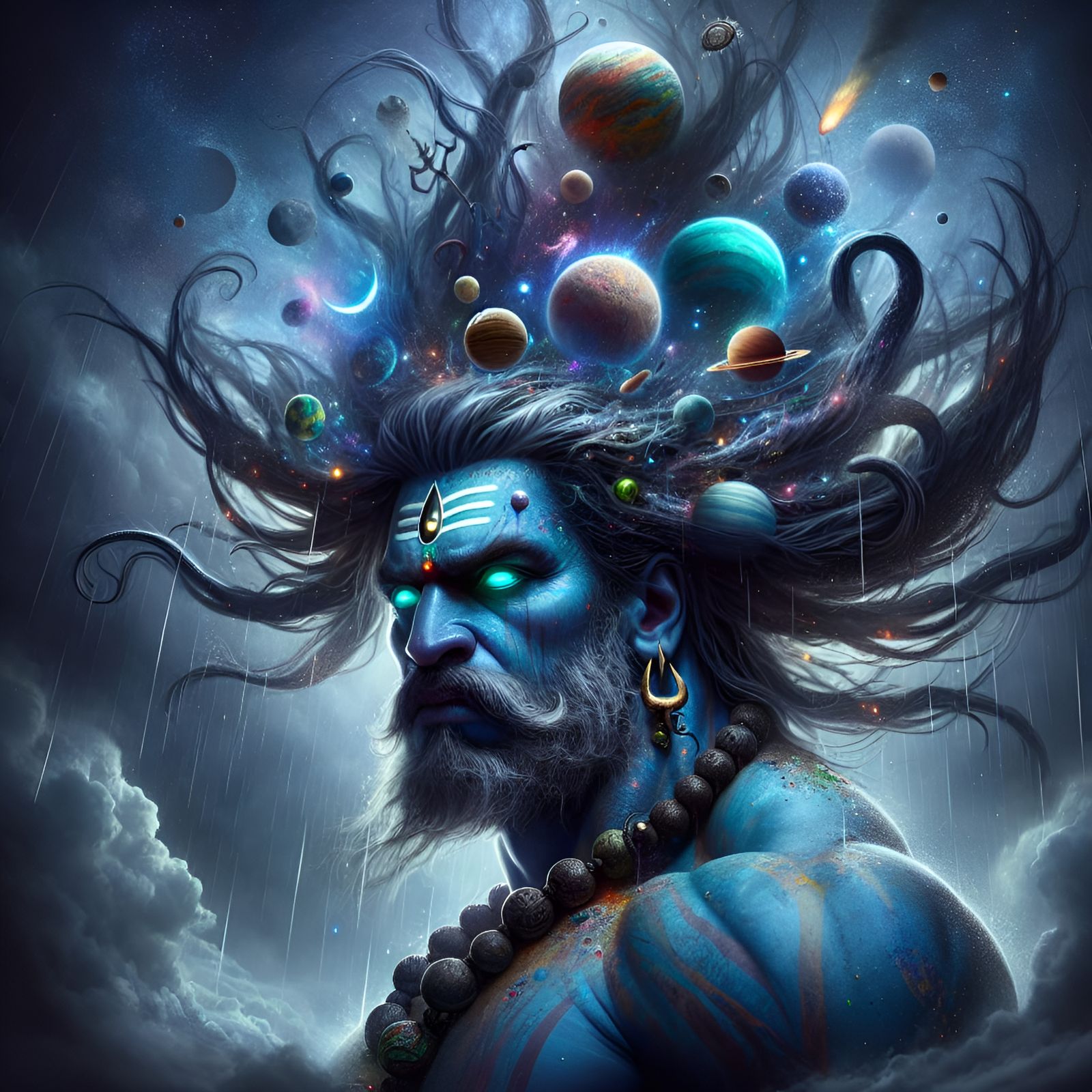 Powerful Blue Deity in Stormy Night Digital Painting