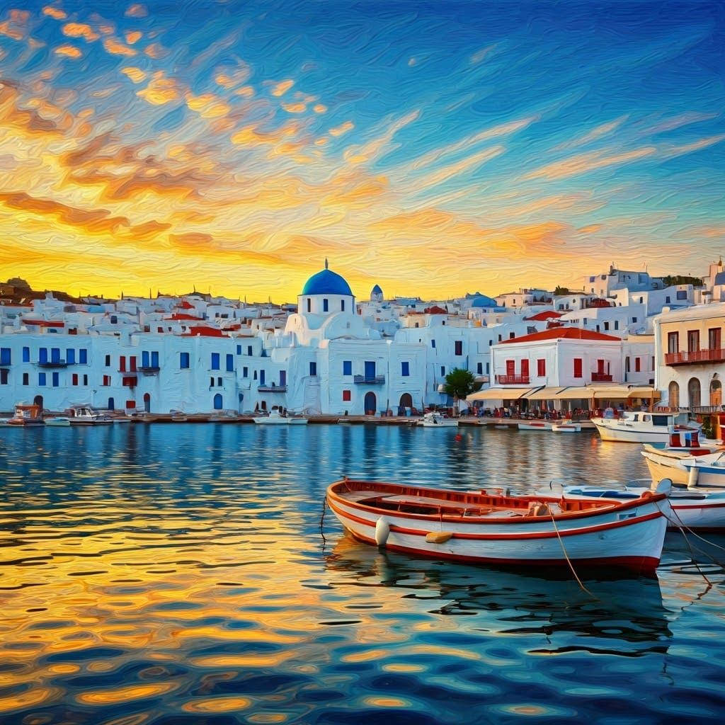 Create a vibrant, painterly image of a Mediterranean harbor town at sunset, featuring whitewashed buildings with blue do...