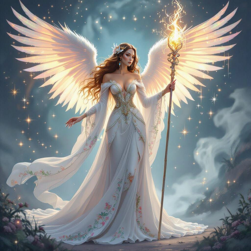 Fantasy Goddess with Magical Staff and Wings
