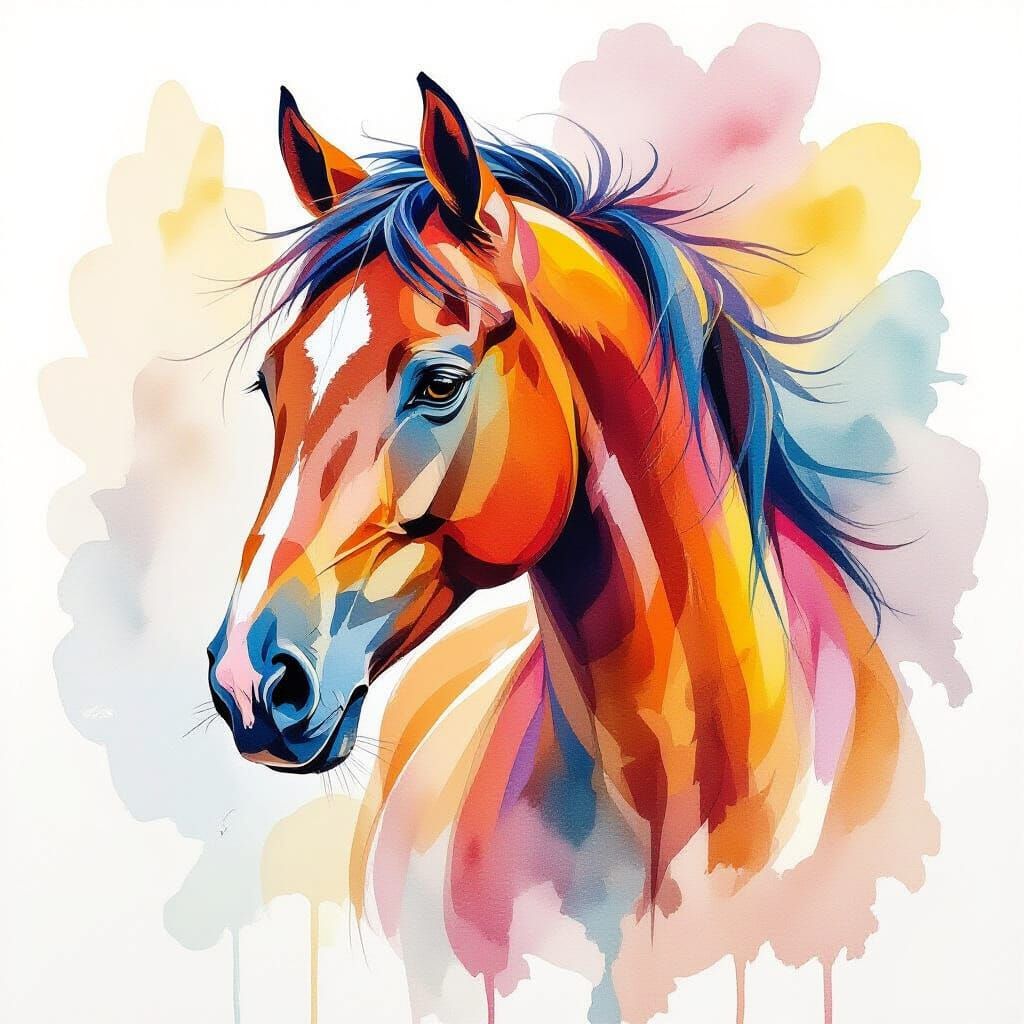 Vibrant Abstract Watercolor Horse Painting with Expressive L...