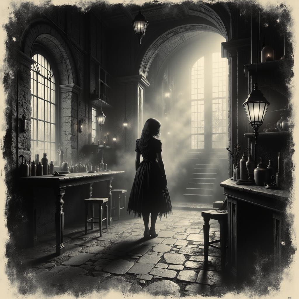 Gothic Coffee Shop in Primitive Woodcut Style