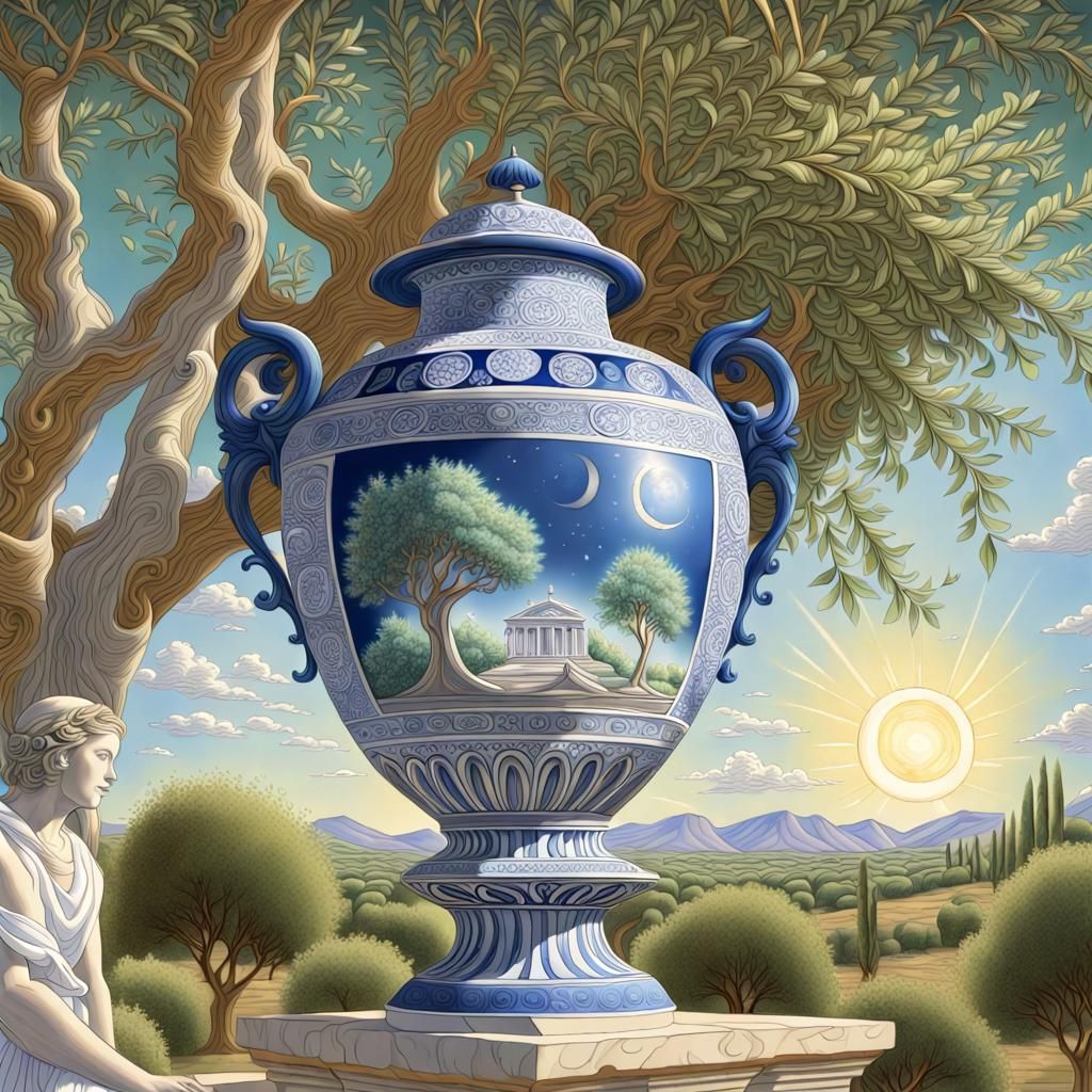 Blue and White Grecian Urn in Sunlight
