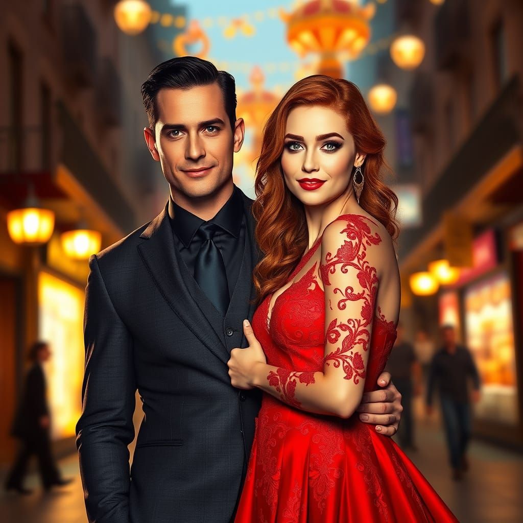 Couple Standing Out in Focus on Vibrant City Street in High-...