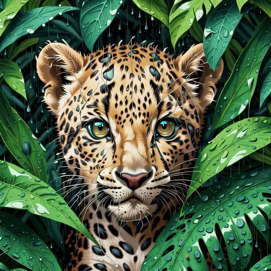 Leopard Cub in Lush Jungle, Abstract Fractal Art