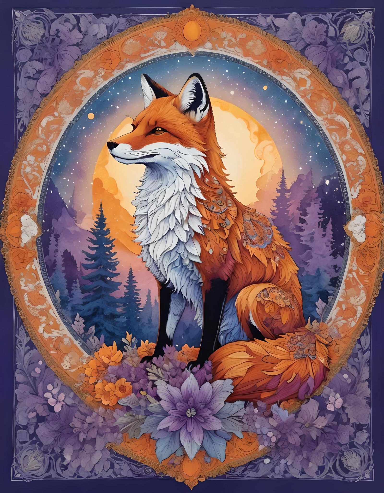 Fox with Ornate Patterns in Mountain Landscape