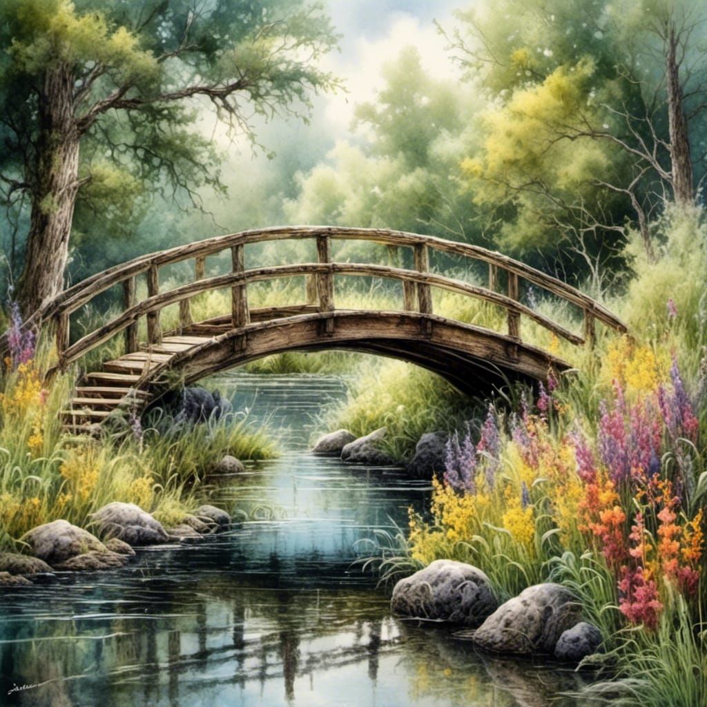 Wooden Bridge Over Black Creek Watercolor Painting