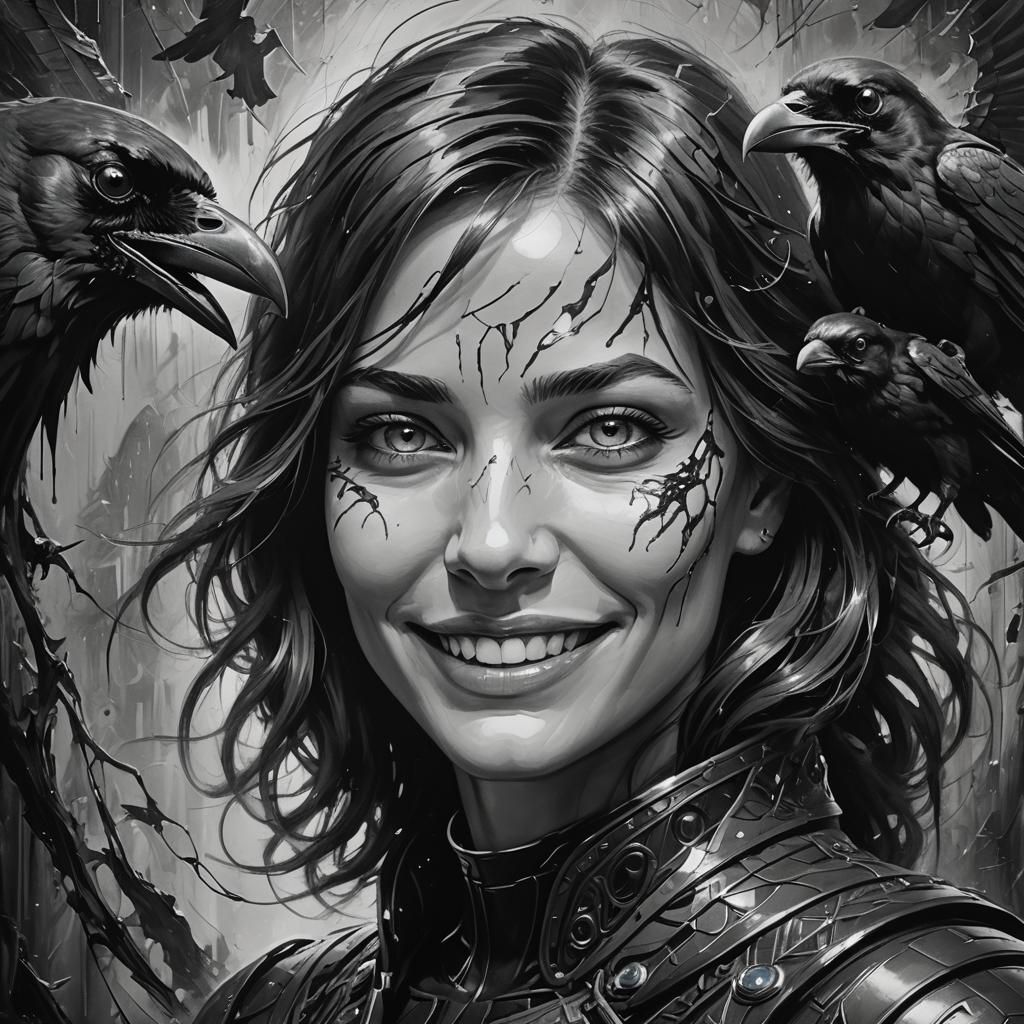 Bioluminescent Woman with Raven in Monochrome Art