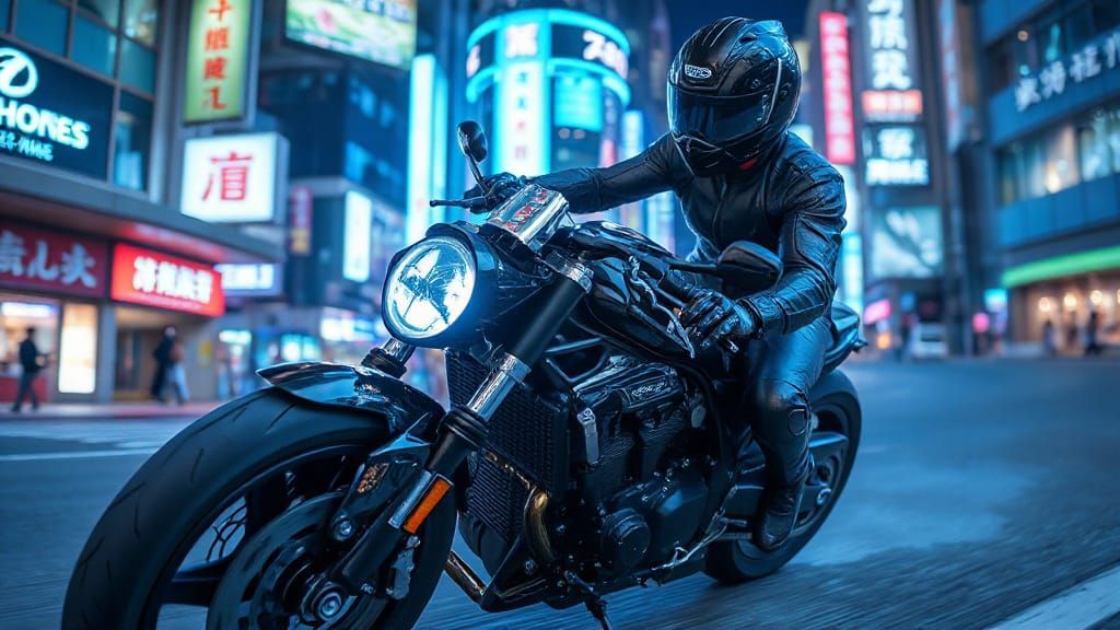 Futuristic Black Motorcycle Race in Cyberpunk Anime Style