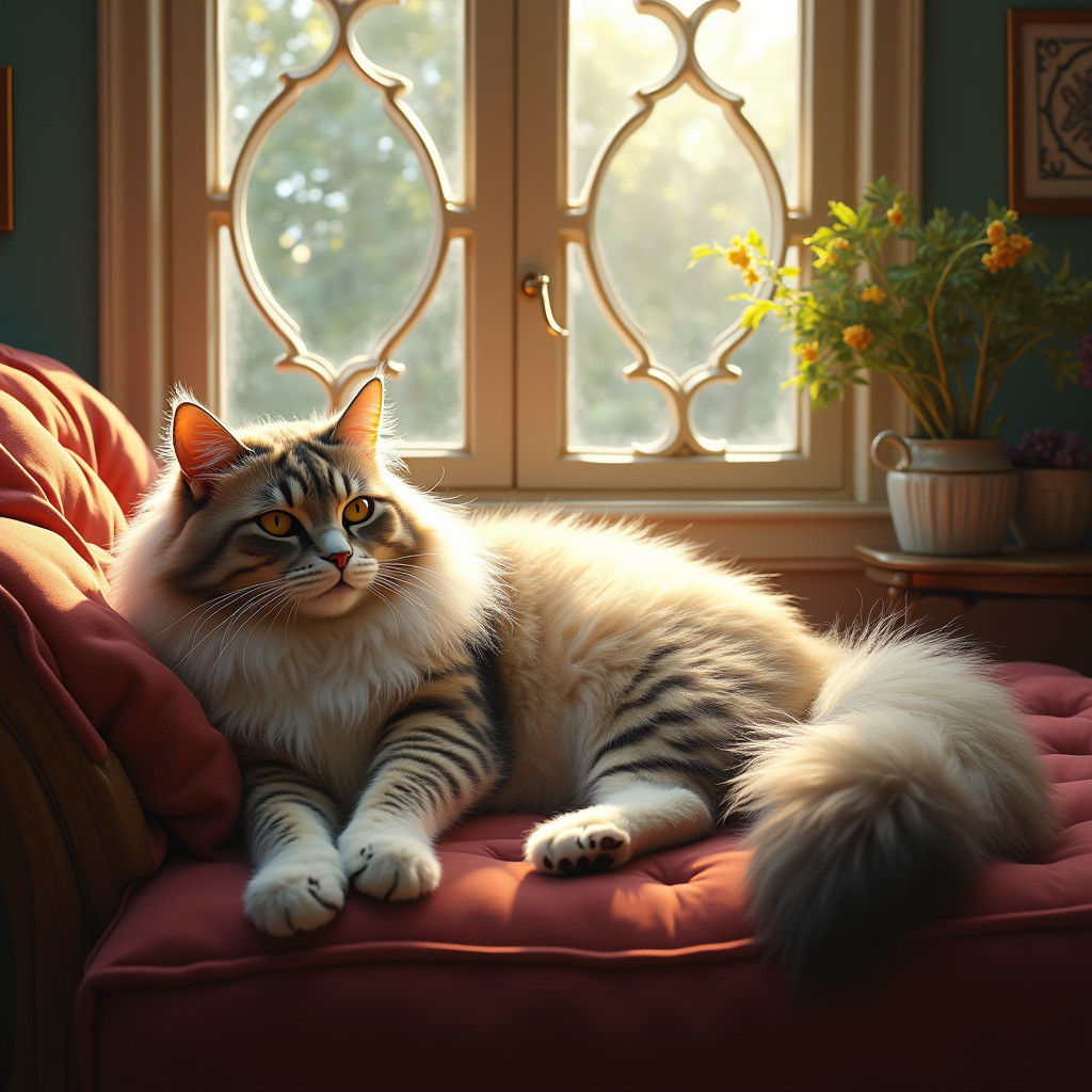 Maine Coon Cat Lounging in Golden Sunlight