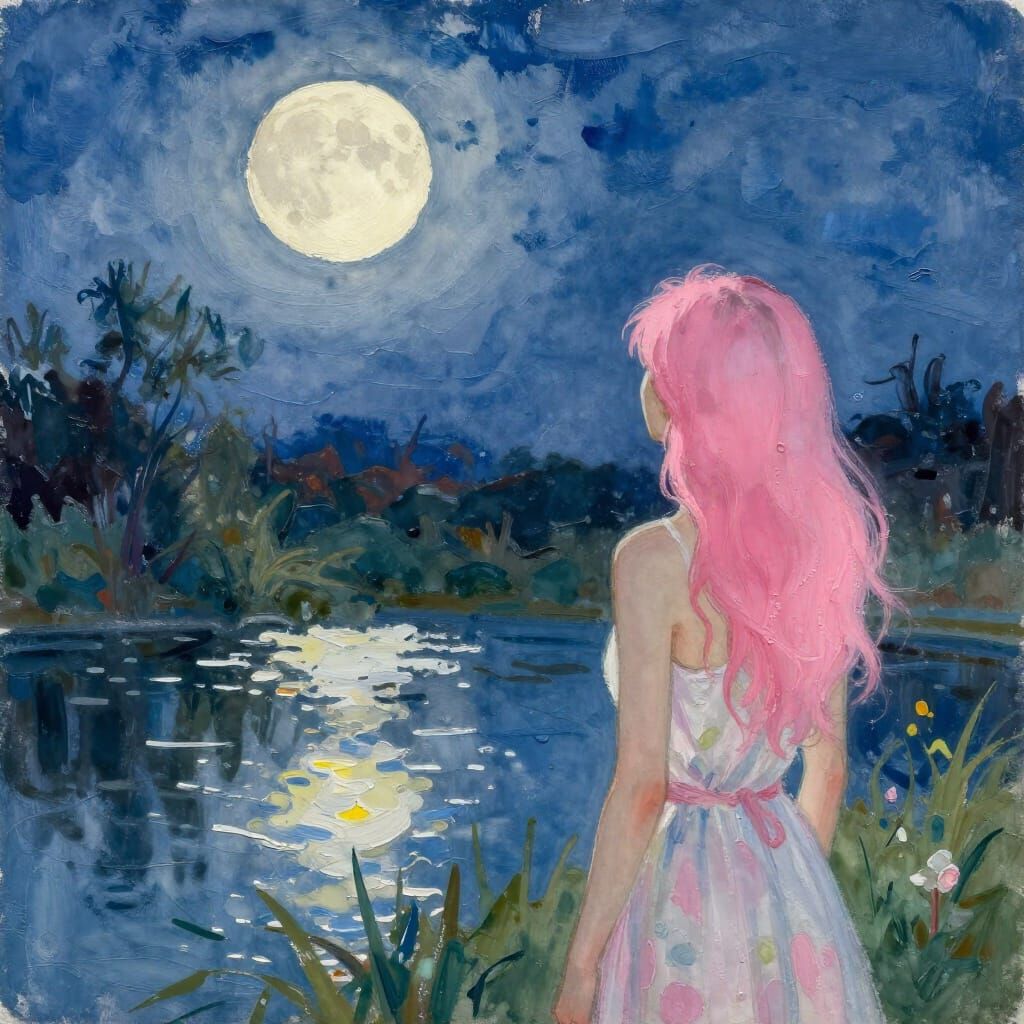 Pink Haired Woman Watches Moonlit Pond in Watercolor Style