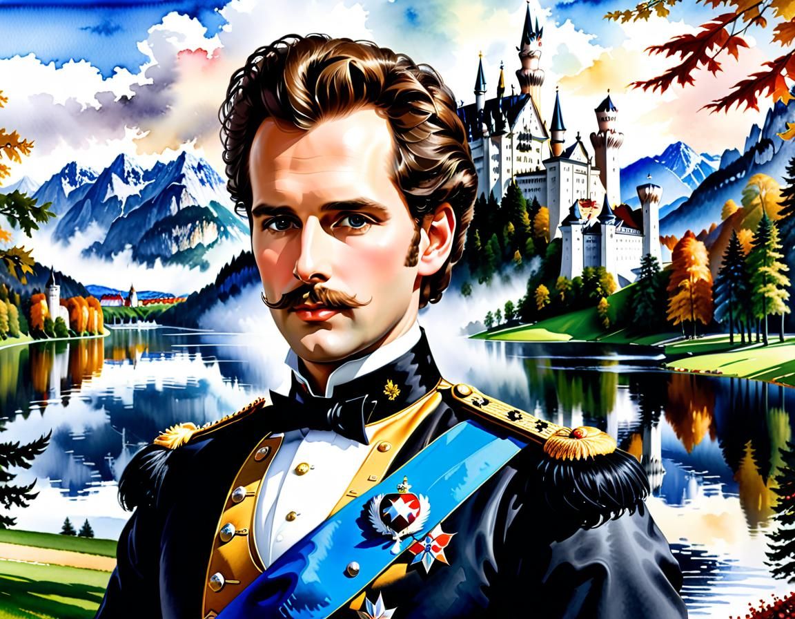 King Ludwig II Portrait in Watercolor Style
