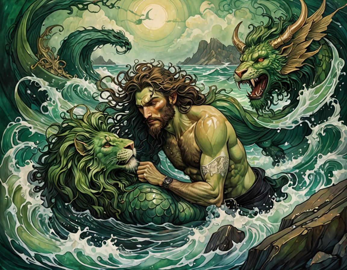 Sailor and Siren in Green Tones, Alcohol Ink Style