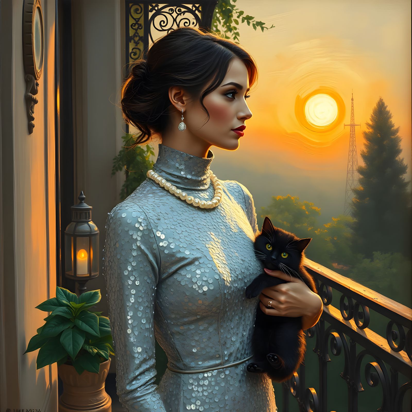 Elegant Woman Stands on Ornate Balcony in Soft Romantic Impr...