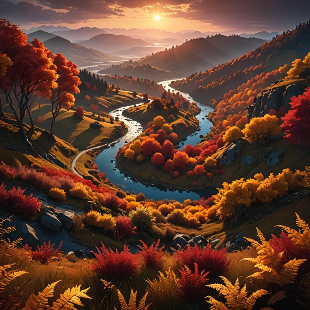 Vibrant Autumn Sundown in 3D Videogame Landscape