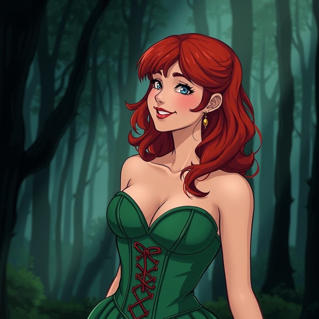 Red-Haired Woman in Green Gown in Manga Style