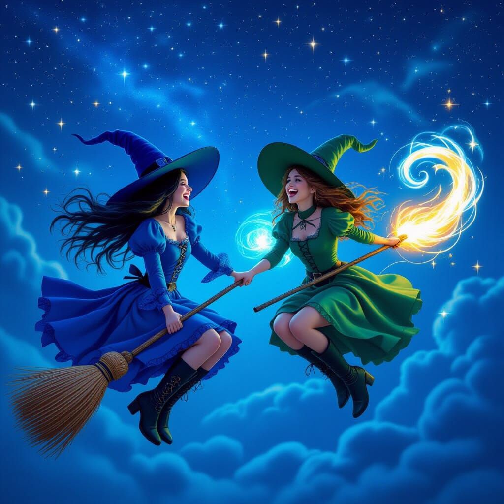 Two Witches Racing Brooms Through Starry Night Sky