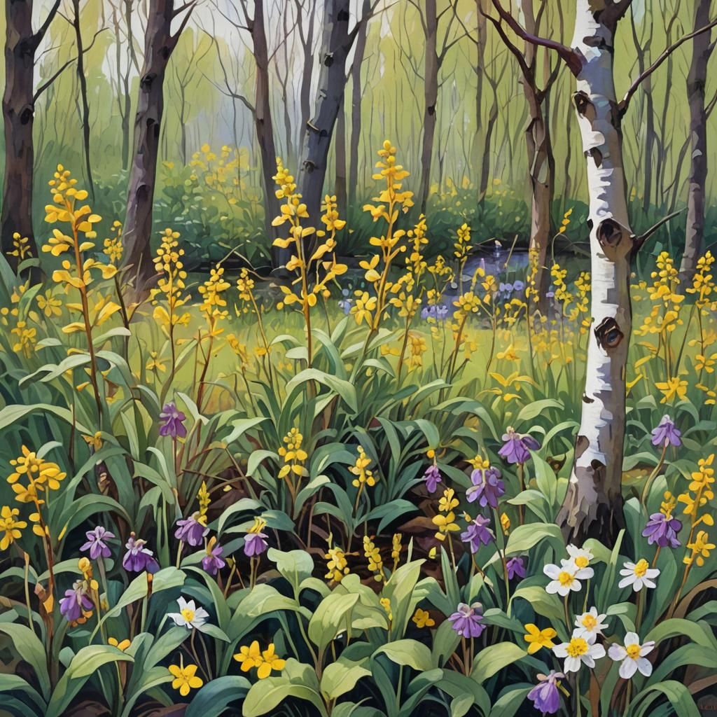 Spring Catkins and Primroses in Gouache Style