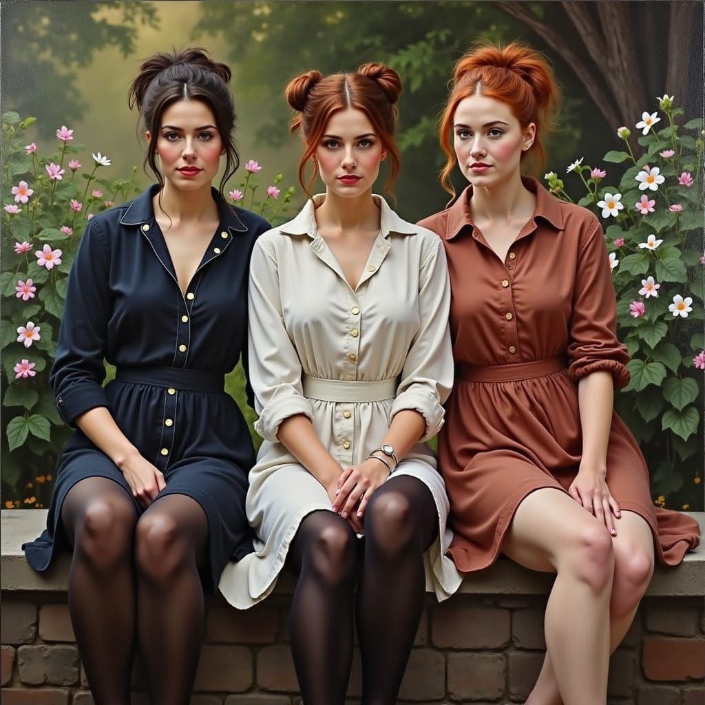 Three Women in a Vibrant Botanical Garden