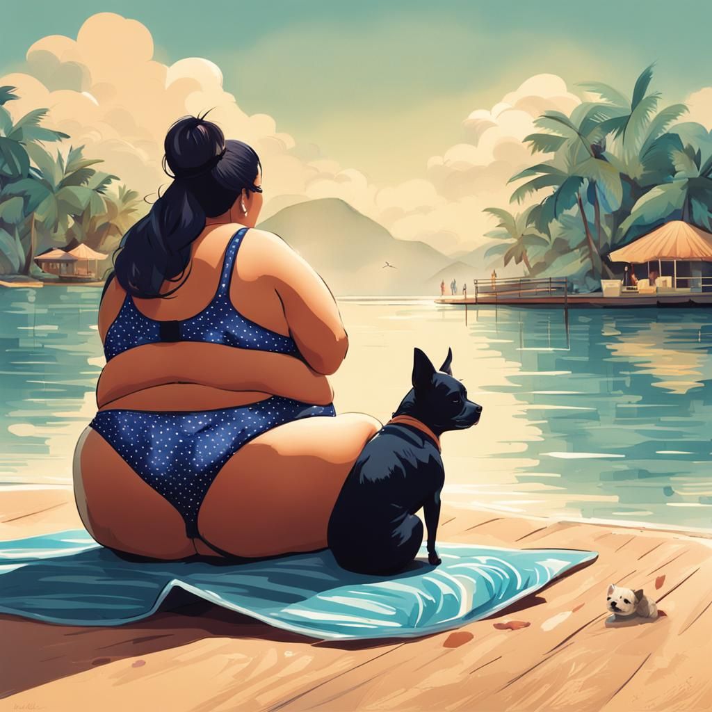 Curvy Woman in Bikini with Dog