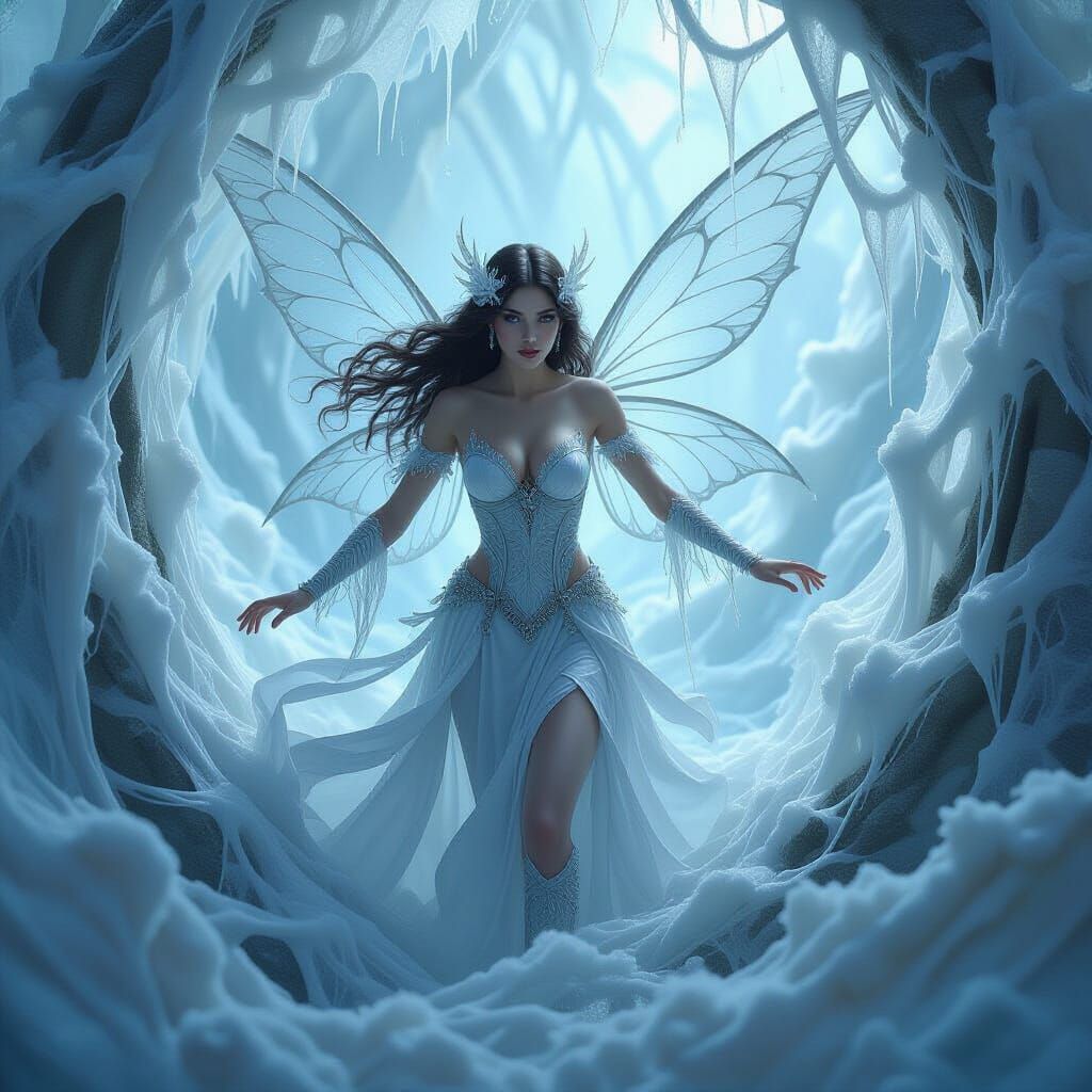 Fairy Emerges from Web in Oil Painting Style