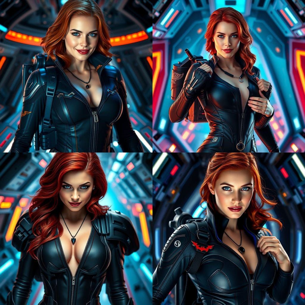 Black Widow in Sci-Fi Scene with Dragon Logo