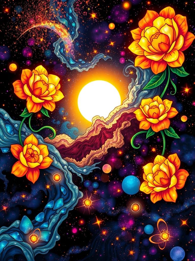 Galactic Art Nouveau Cosmos in Stained Glass Style