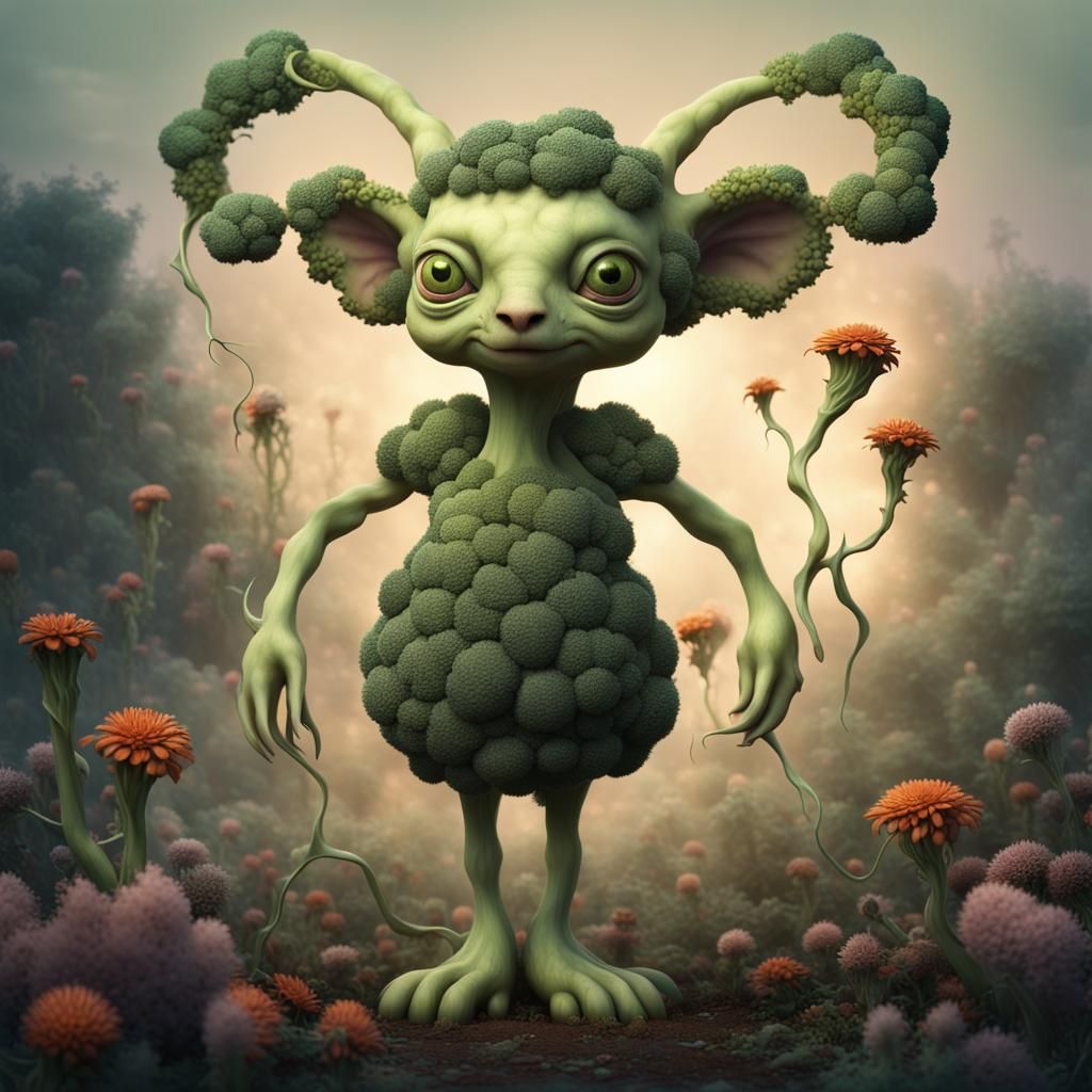 Broccoli Creature in Surreal Dusk Garden