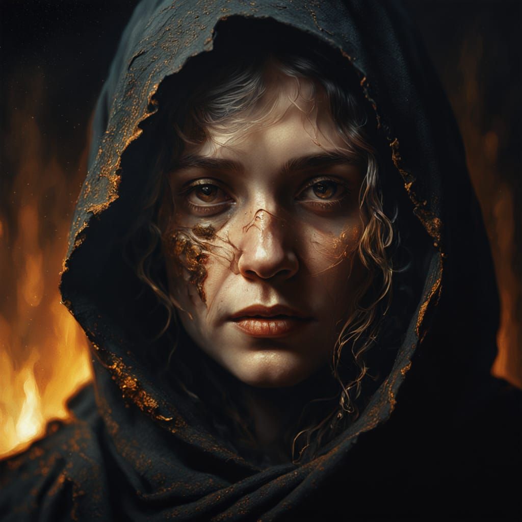 Rembrandt-Inspired Oil Painting of a Woman in Dark Torn Cloa...