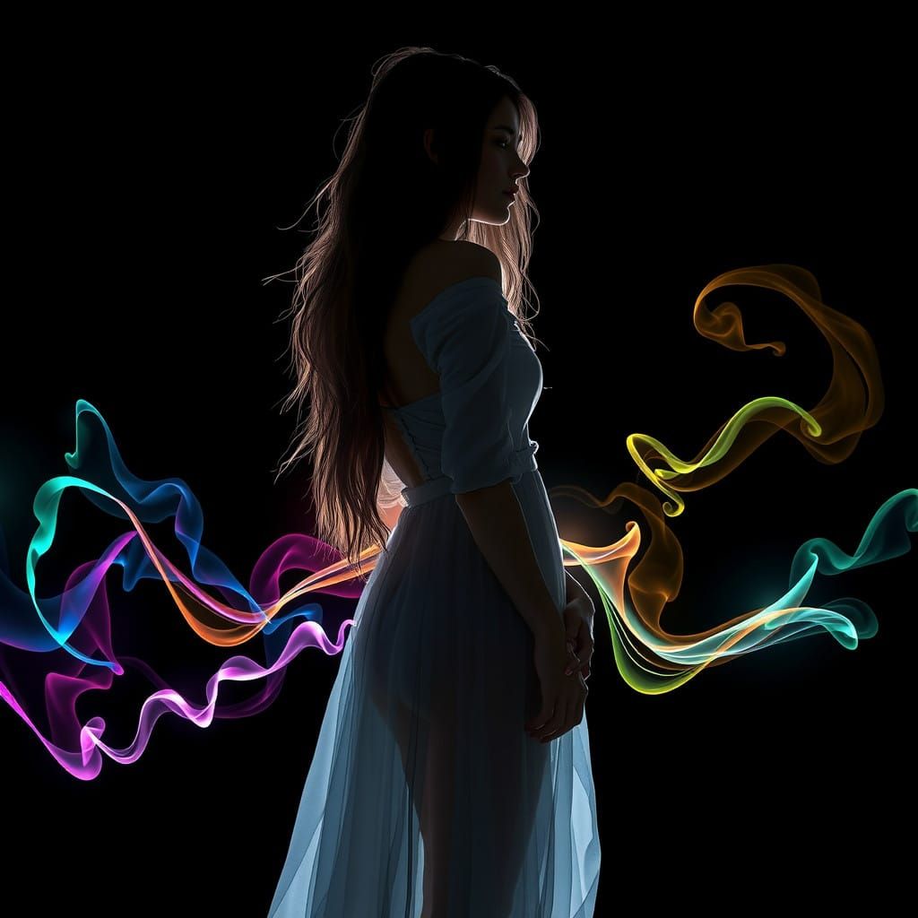 Ethereal Dark Fantasy Silhouette in Haunting Black and Rainb...